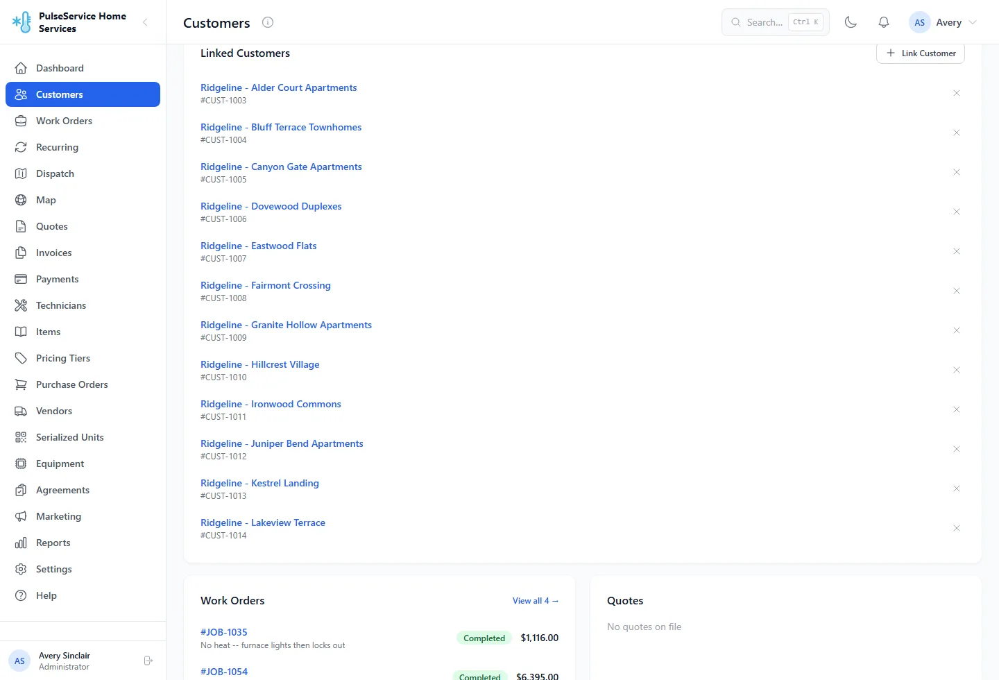 PulseService customer record for a property management company, showing twelve linked sub-account buildings each with their own work orders and invoices