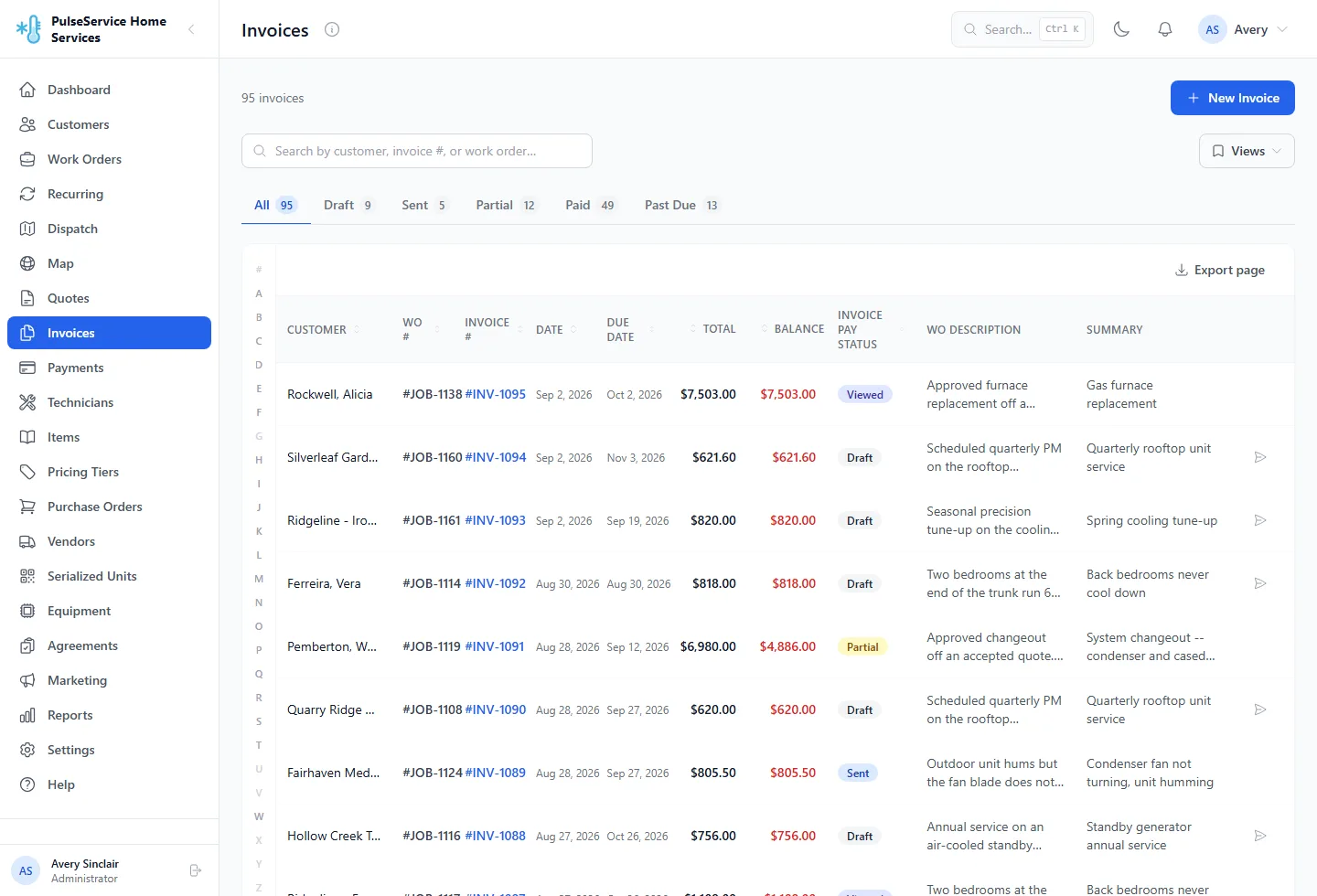 Invoice list filtered by status, showing customer, due date, total and outstanding balance for each invoice
