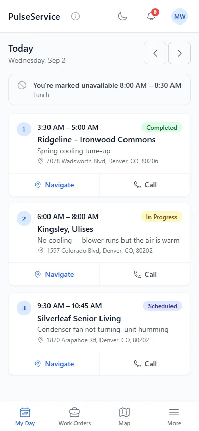 The technician app on a phone, showing the day's assigned jobs with addresses, times and one-tap navigation