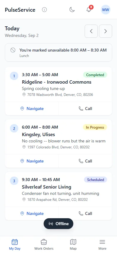 The offline queue on a phone, listing each pending action a technician completed without a signal