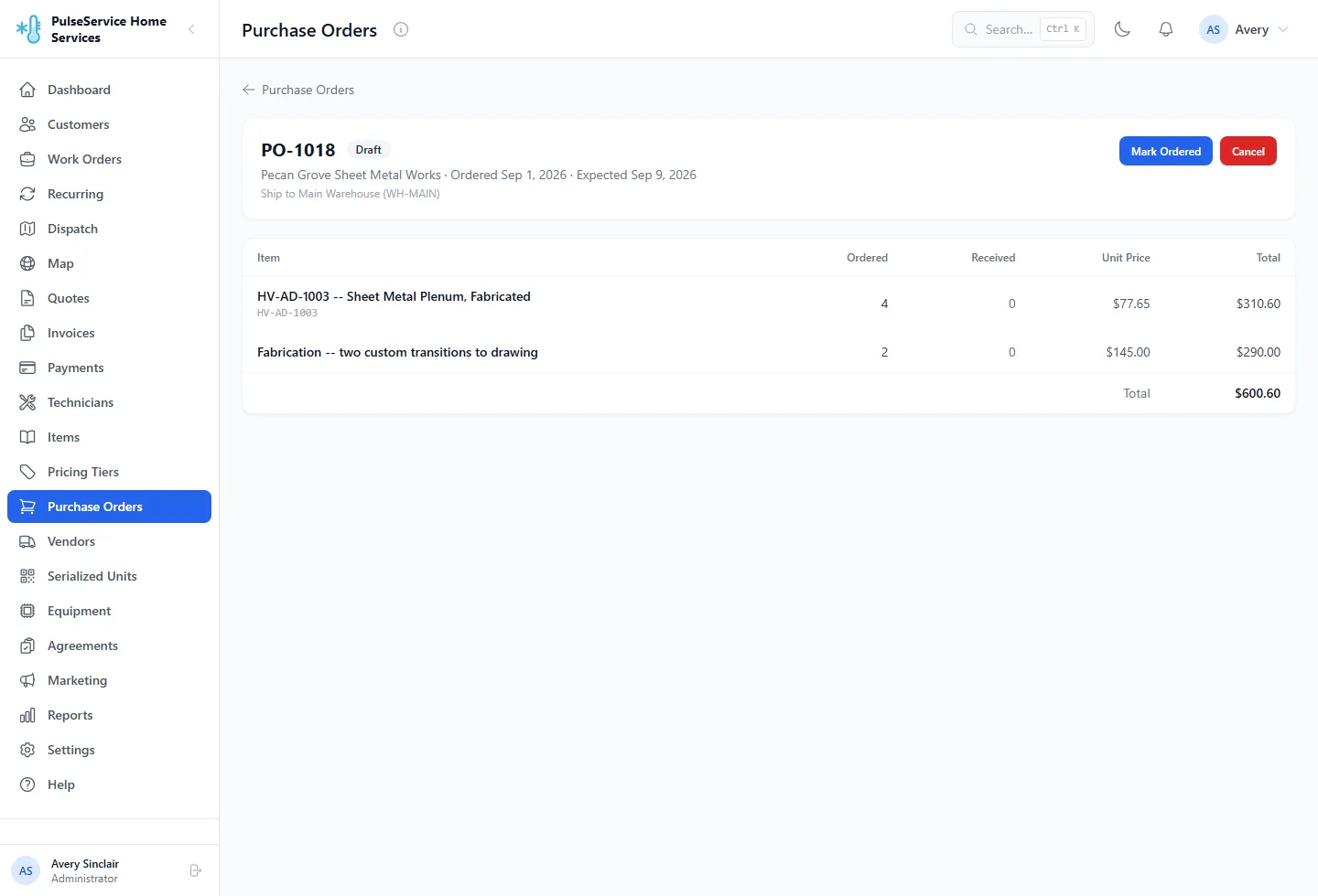 Purchase order detail with ordered and received quantities per line, supporting partial deliveries from a vendor