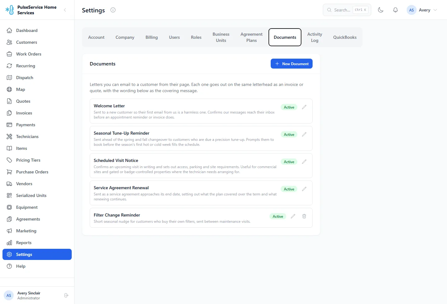 Customer letter template settings, listing welcome, seasonal reminder, visit notice and agreement renewal templates